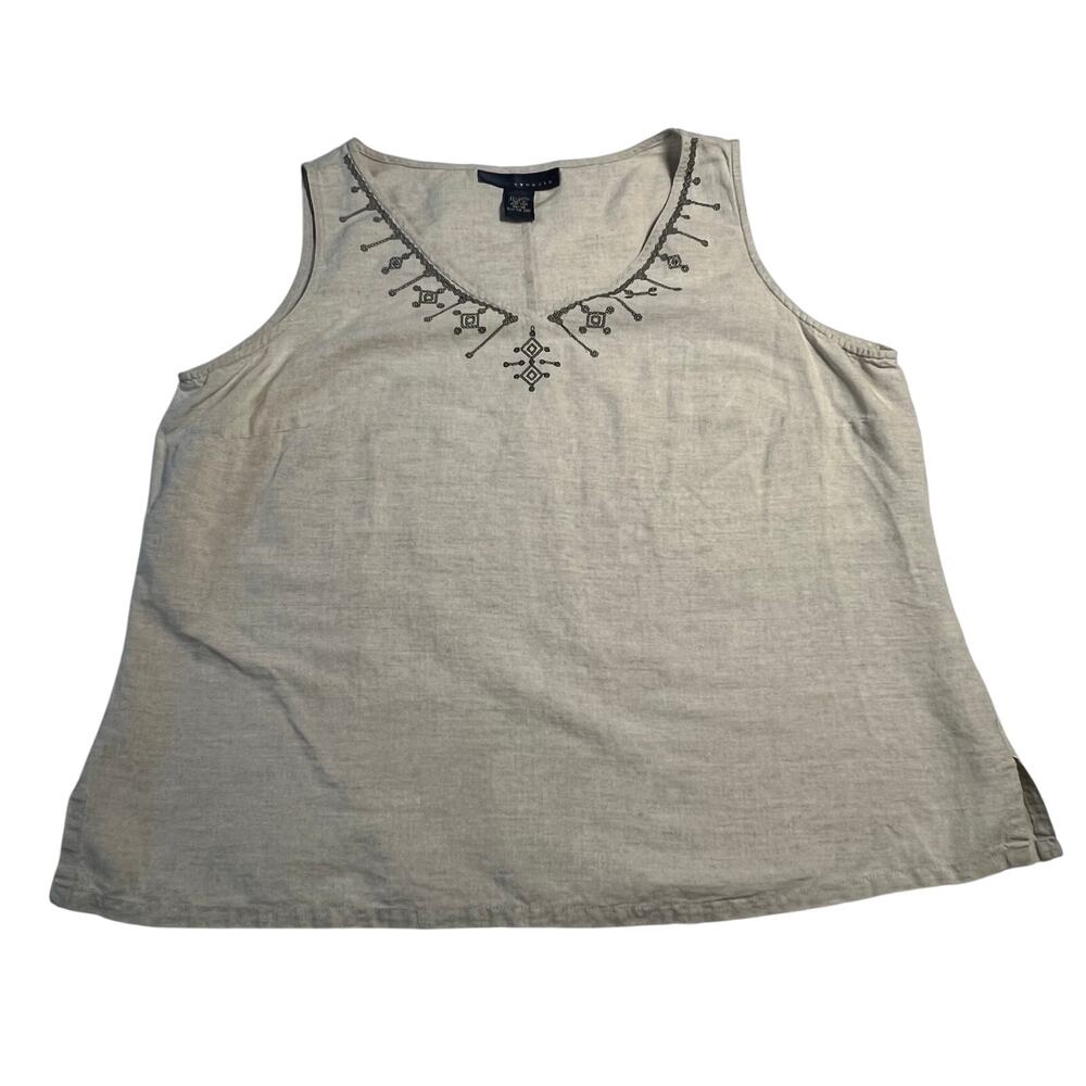 Venezia V-Neck Sleeveless Blouse Size 14/16 Cotton Linen Blend Floral Embroidery